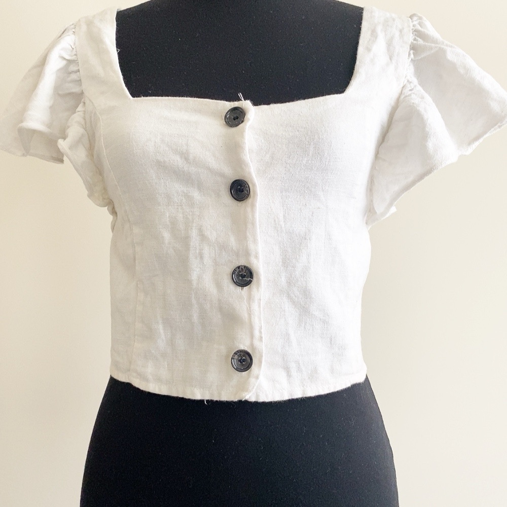 Vintage Zara Flutter Sleeve Blouse – Off White, Size Small, linen cotton - Picture 2 of 4